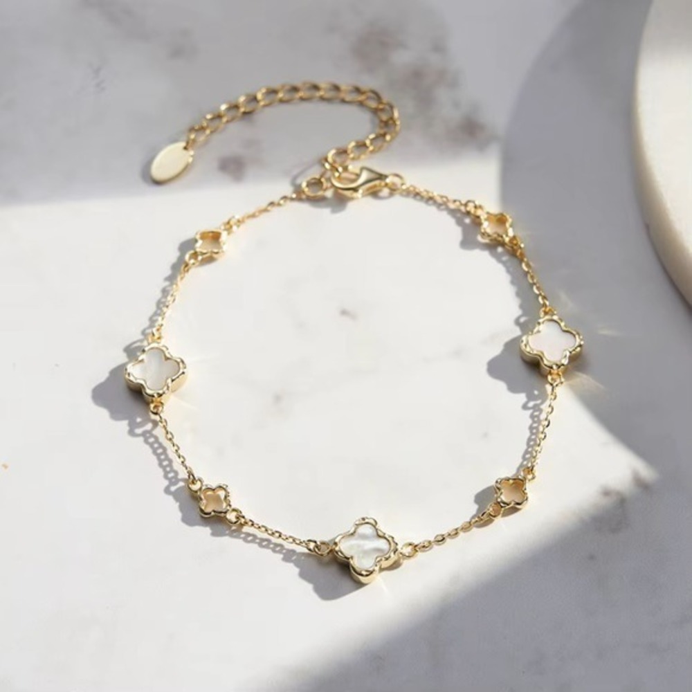 925 Sterling Silver 4 Leaf Clover Shell Charm Station Bracelet Gold Tone 6.5-8"